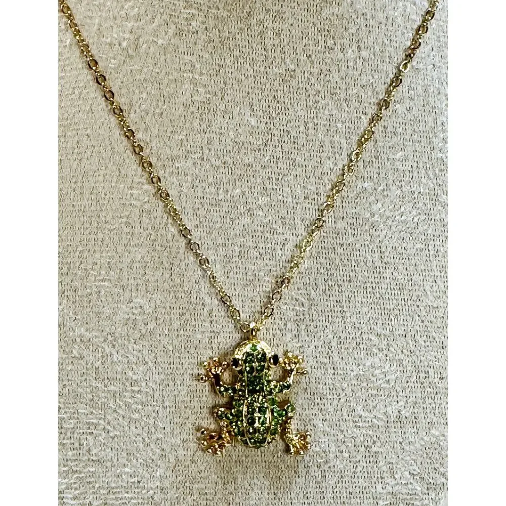Green Rhinestone Frog Pendant Necklace Gold Tone 18-19